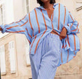 Oversized Striped Button Down Beach Shirt - Blue
