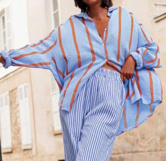 Oversized Striped Button Down Beach Shirt - Blue