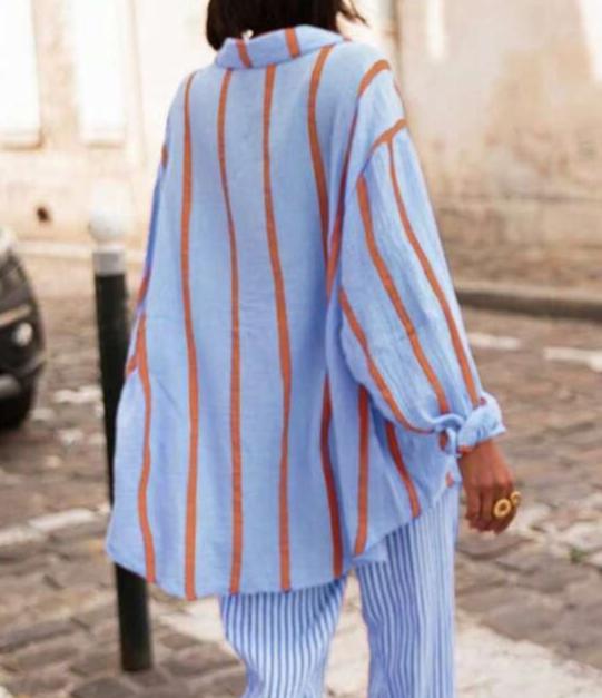 Oversized Striped Button Down Beach Shirt - Blue - 1
