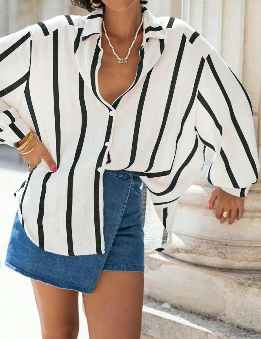 Oversized Striped Button Down Beach Shirt - OffWhite