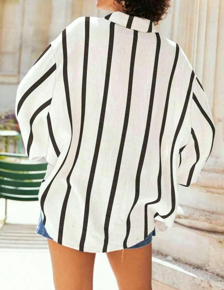 Oversized Striped Button Down Beach Shirt - OffWhite - 1