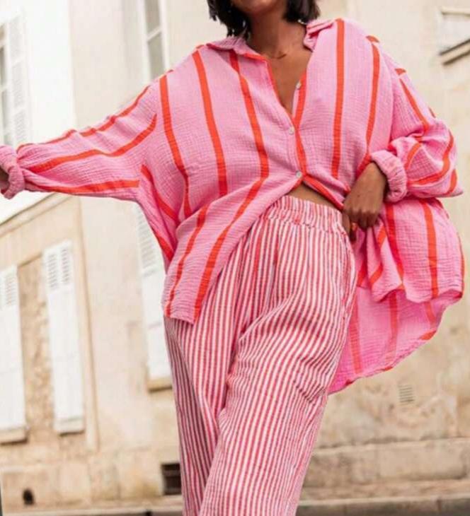 Oversized Striped Button Down Beach Shirt - Red
