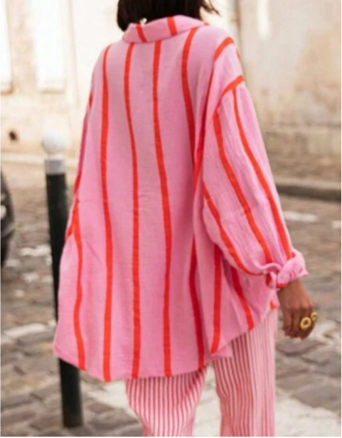 Oversized Striped Button Down Beach Shirt - Red - 1