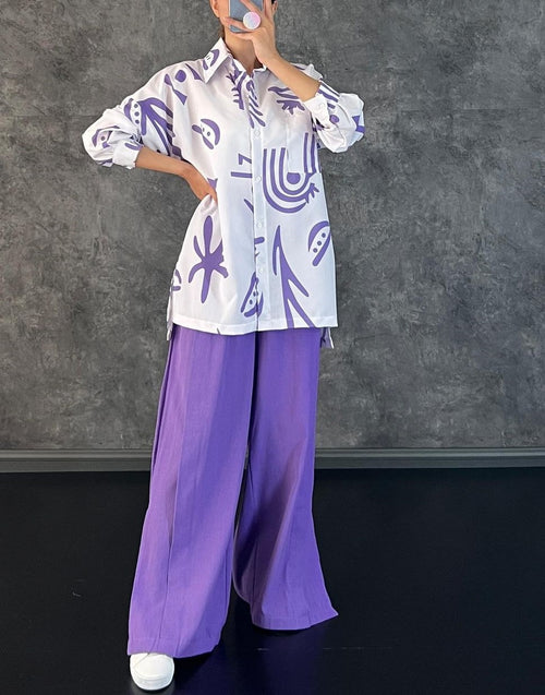 Abstract Print Shirt And Slit Wide Leg Pants - Purple