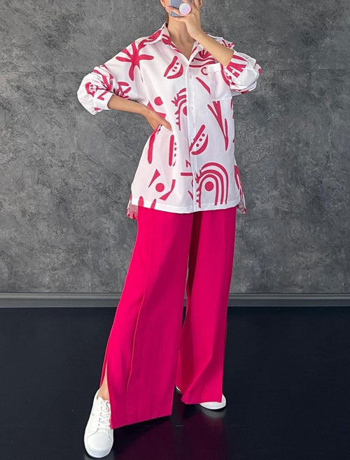 Abstract Print Shirt And Slit Wide Leg Pants - RoseRed