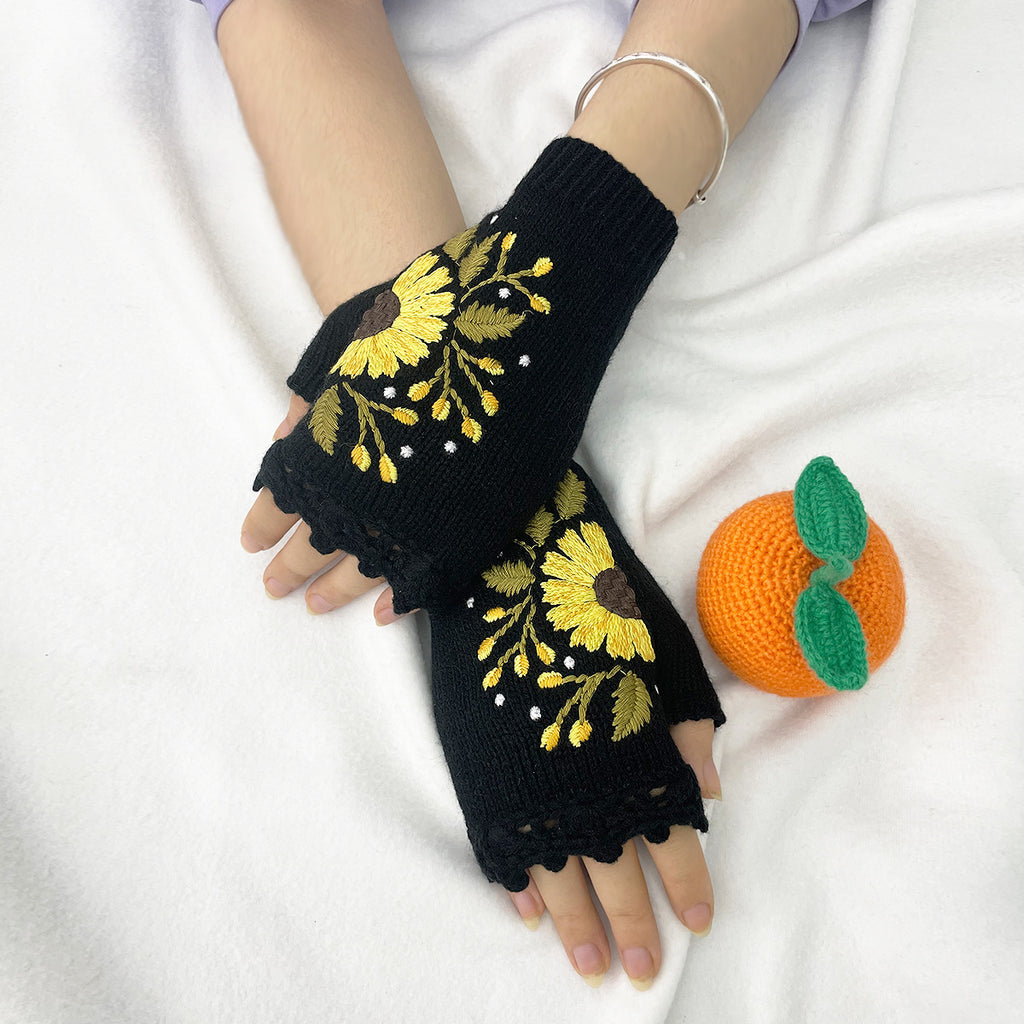 Sunflower Embroidered Crochet Trim Arm Warmers - Black