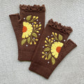Sunflower Embroidered Crochet Trim Arm Warmers - Brown
