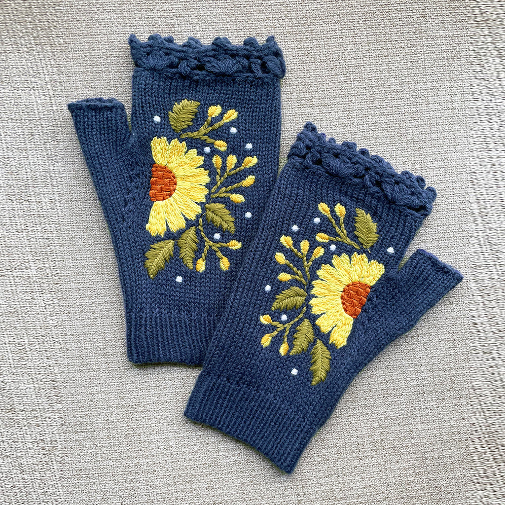 Sunflower Embroidered Crochet Trim Arm Warmers - DarkBlue