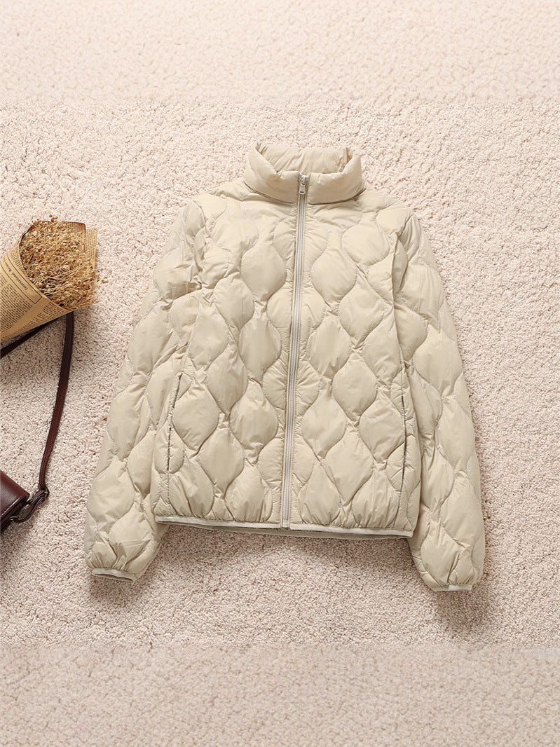 Quilted High Neck Cropped Puffer Jacket - Beige