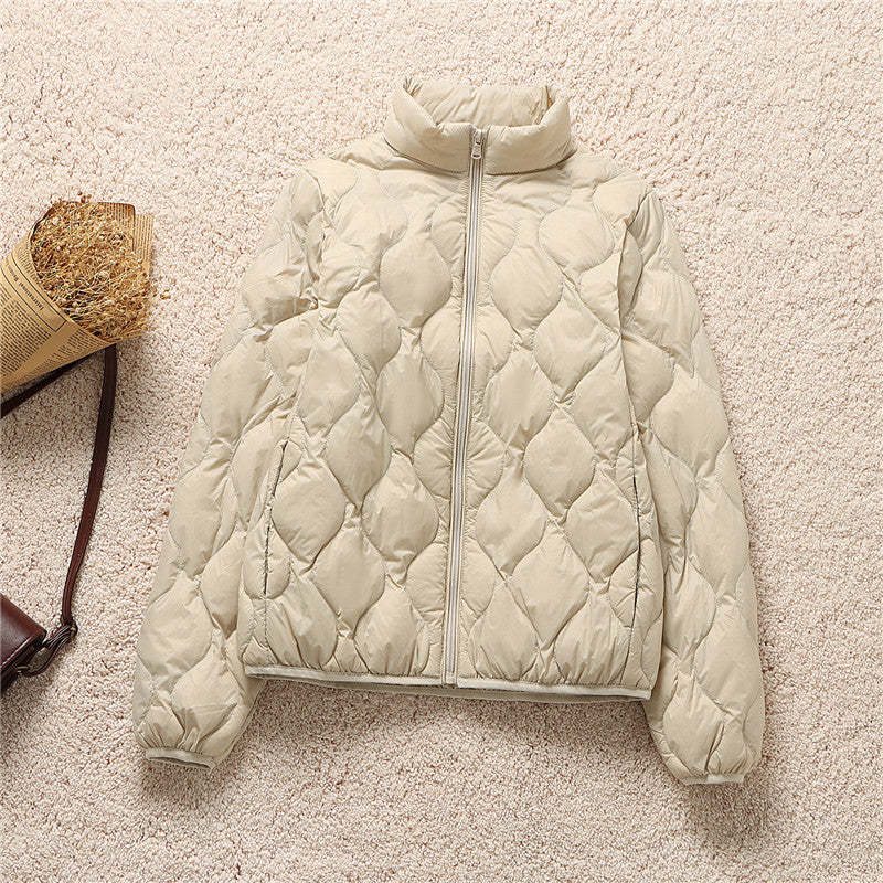 Quilted High Neck Cropped Puffer Jacket - Beige - 1