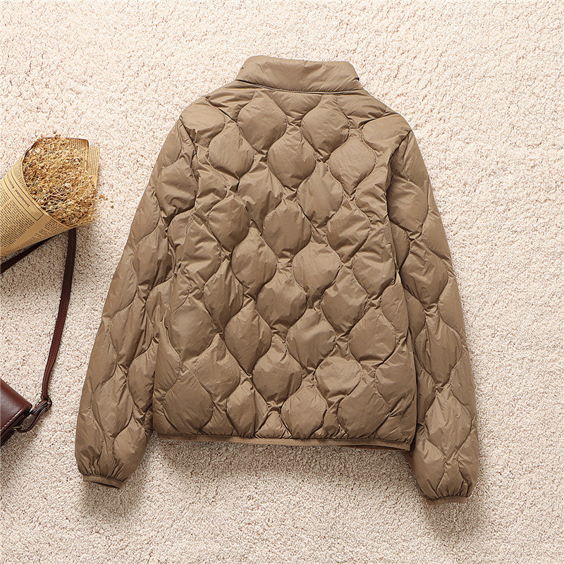 Quilted High Neck Cropped Puffer Jacket - Brown - 1