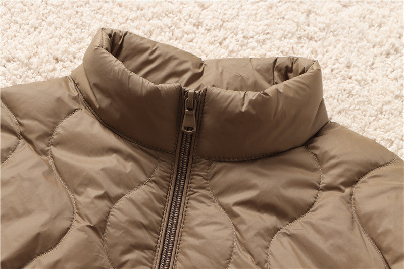 Quilted High Neck Cropped Puffer Jacket - Brown - 2