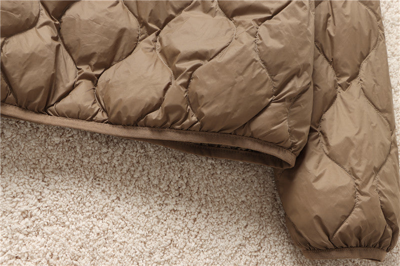 Quilted High Neck Cropped Puffer Jacket - Brown - 4