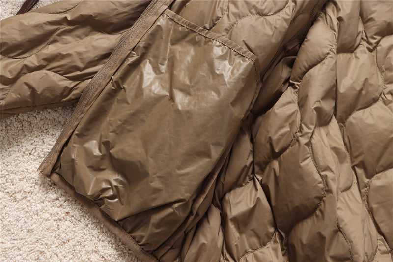 Quilted High Neck Cropped Puffer Jacket - Brown - 6