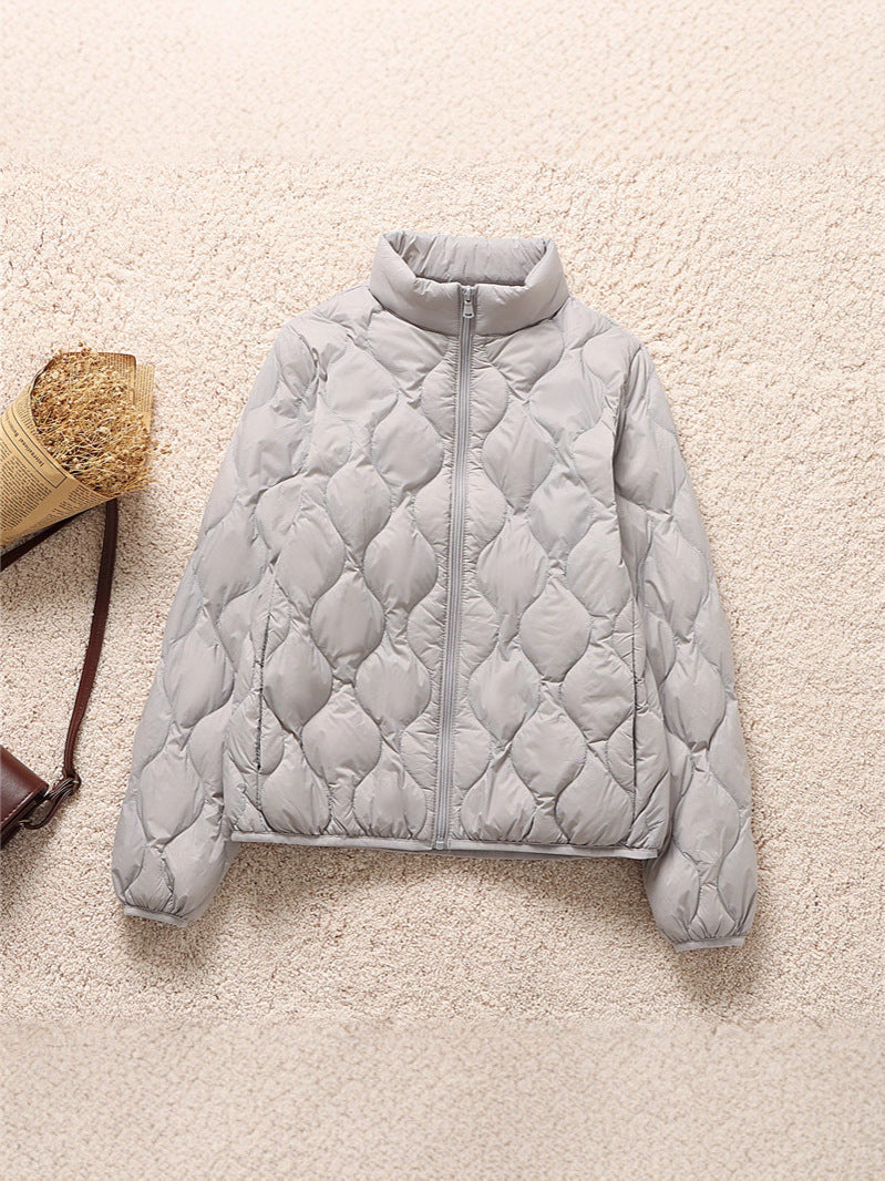 Quilted High Neck Cropped Puffer Jacket - Grey - 1