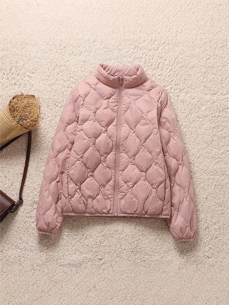 Quilted High Neck Cropped Puffer Jacket - Pink - 1