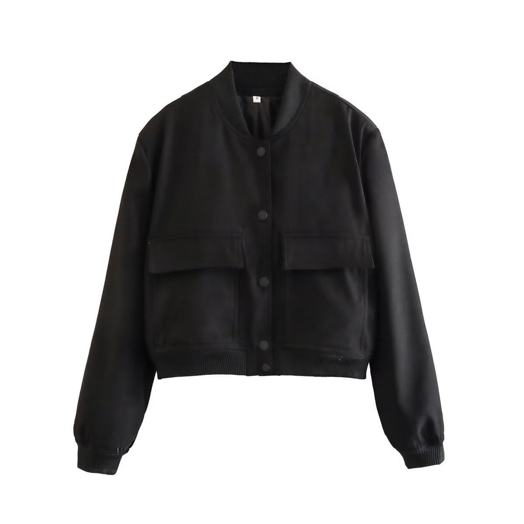 Snap Front Cropped Utility Bomber Jacket - Black