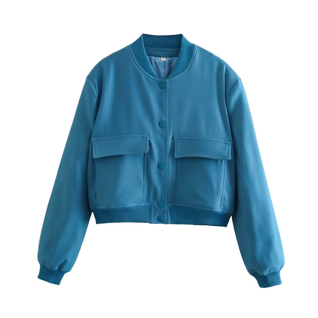 Snap Front Cropped Utility Bomber Jacket - Blue