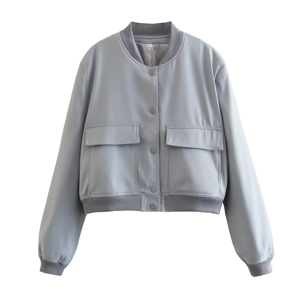 Snap Front Cropped Utility Bomber Jacket - Gray