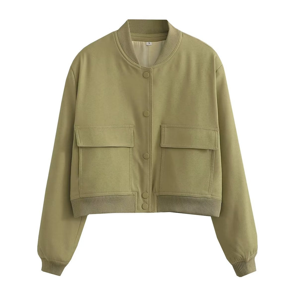 Snap Front Cropped Utility Bomber Jacket - Green