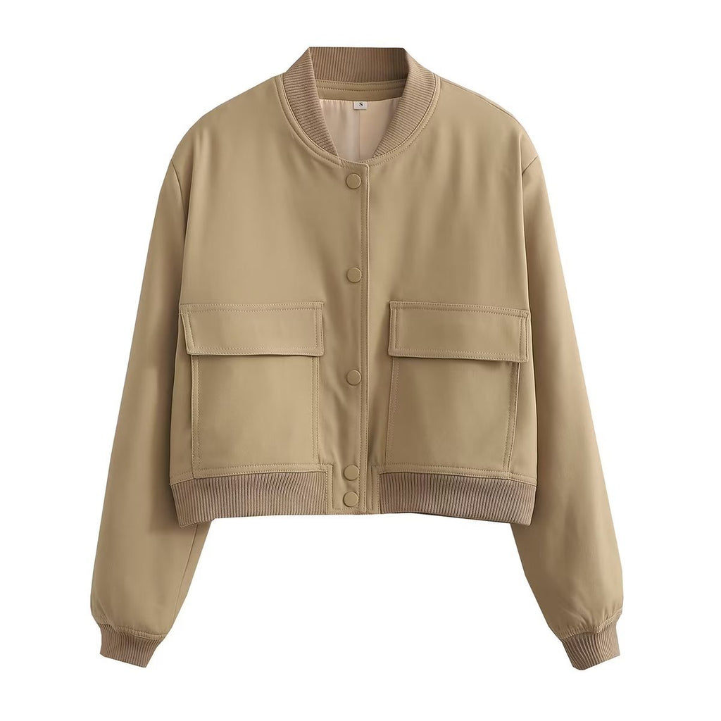 Snap Front Cropped Utility Bomber Jacket - Khaki