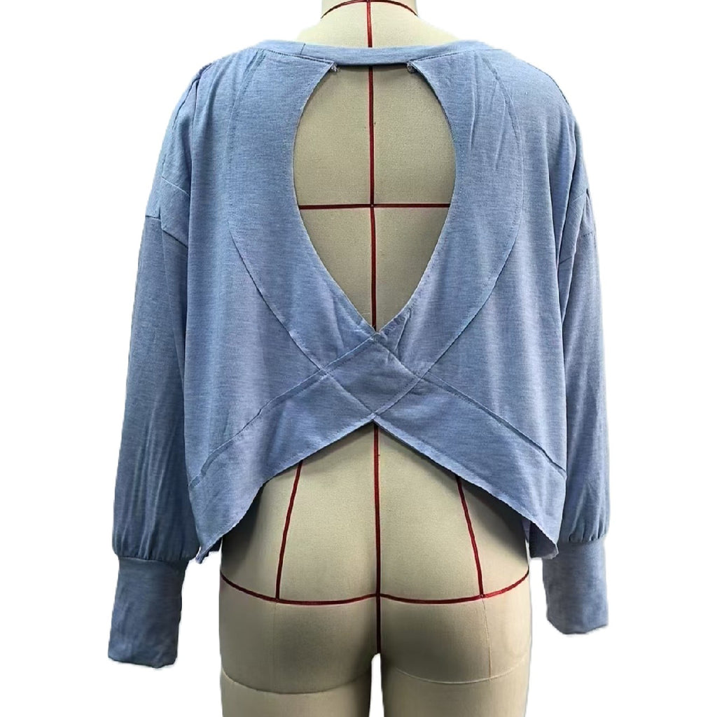 Open Back Crossover Slouchy Long Sleeve Top - Blue
