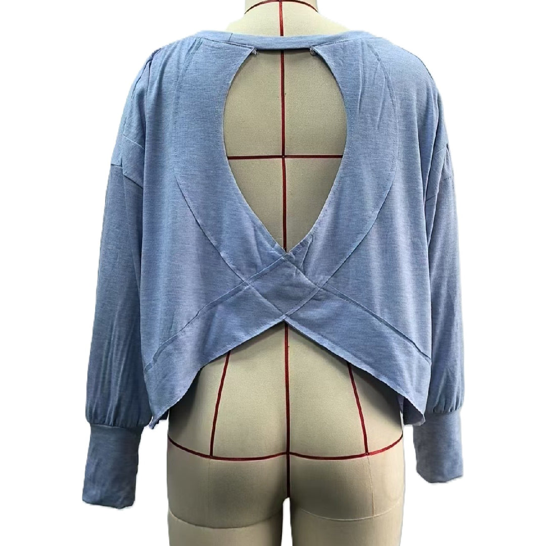 Open Back Crossover Slouchy Long Sleeve Top - Blue