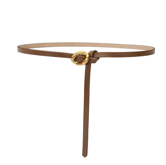 Slim Knotted Ring Buckle Faux Leather Belt - Caramel