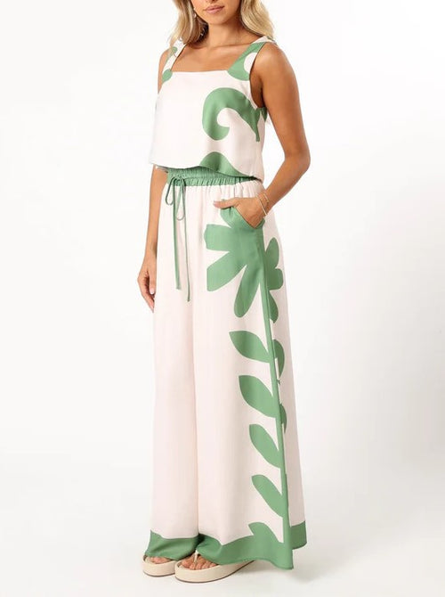 Abstract Leaf Print Tank and Trouser Set - Green