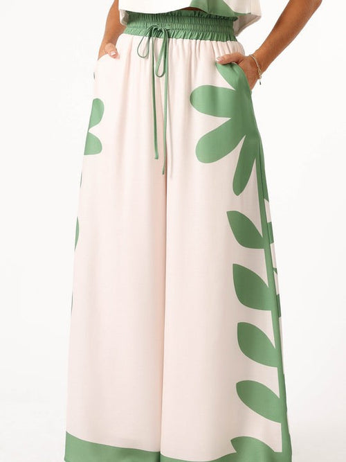 Abstract Leaf Print Tank and Trouser Set - Green - 1