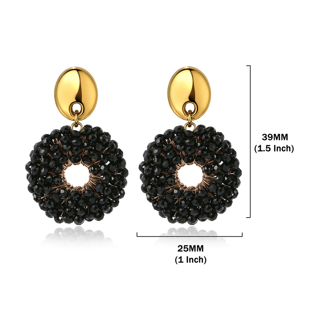 Boho Woven Glass Bead Open Circle Dangle Earrings - Black