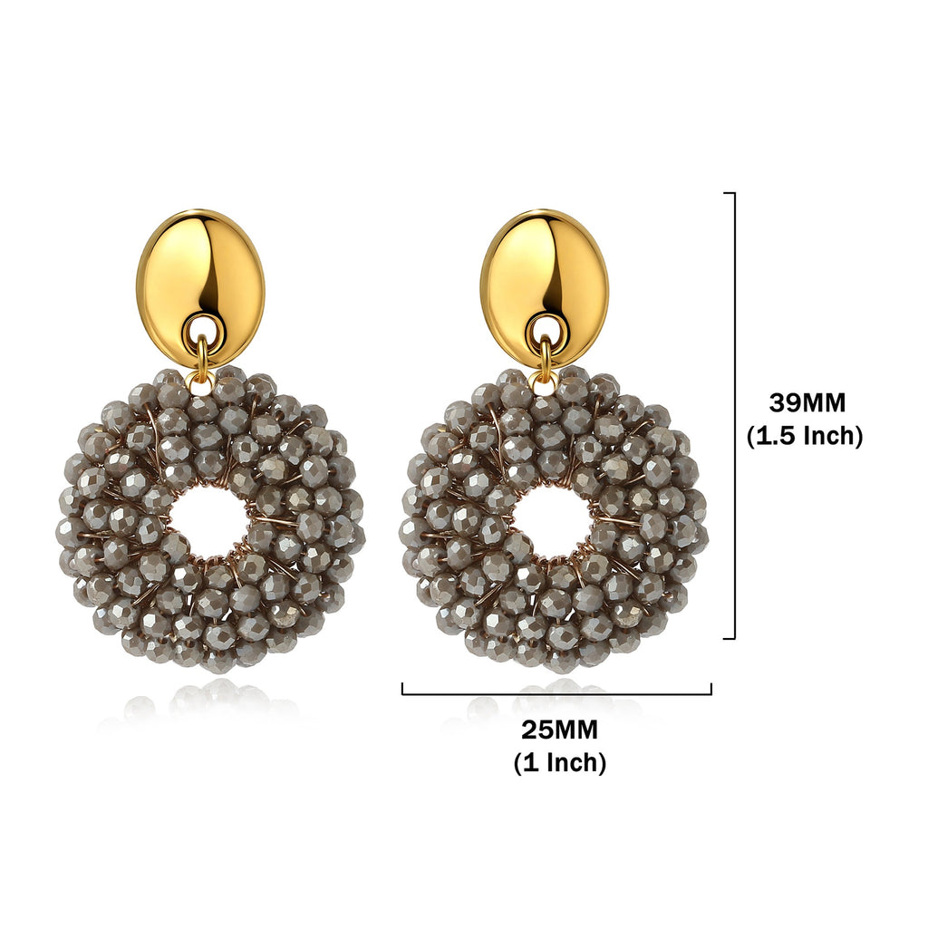 Boho Woven Glass Bead Open Circle Dangle Earrings - Gray