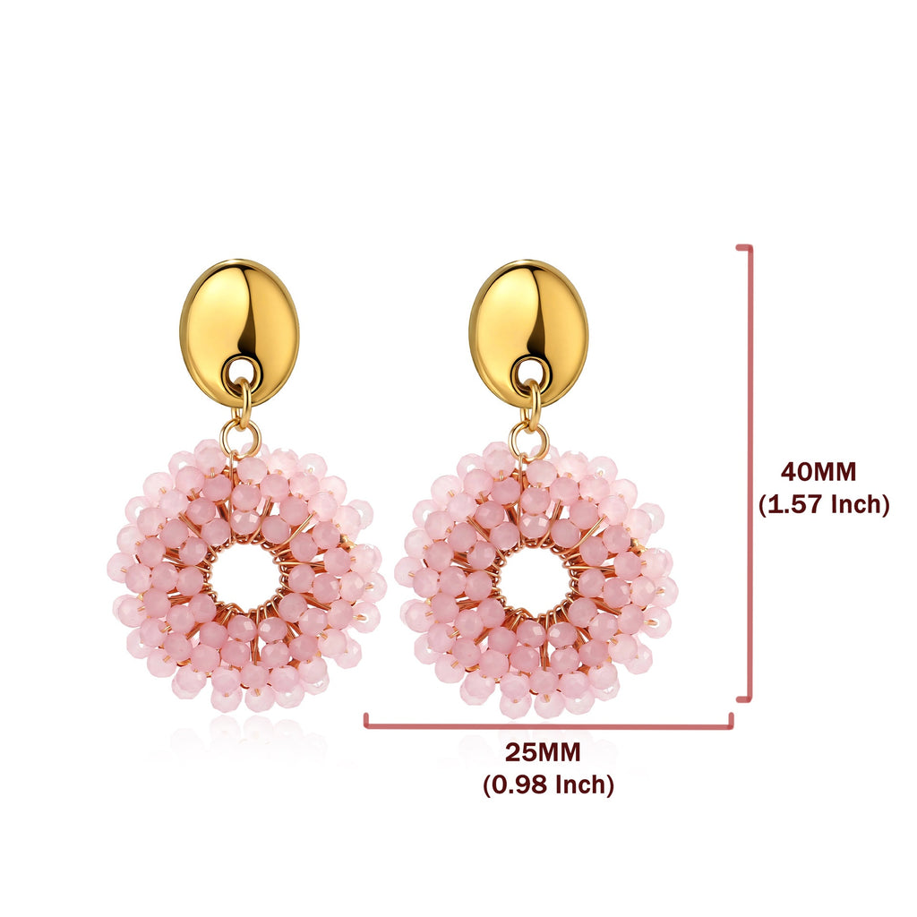 Boho Woven Glass Bead Open Circle Dangle Earrings - Pink
