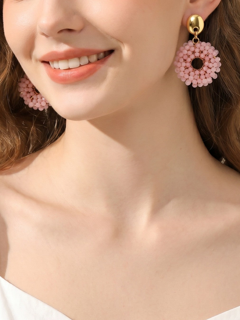 Boho Woven Glass Bead Open Circle Dangle Earrings - Pink - 1