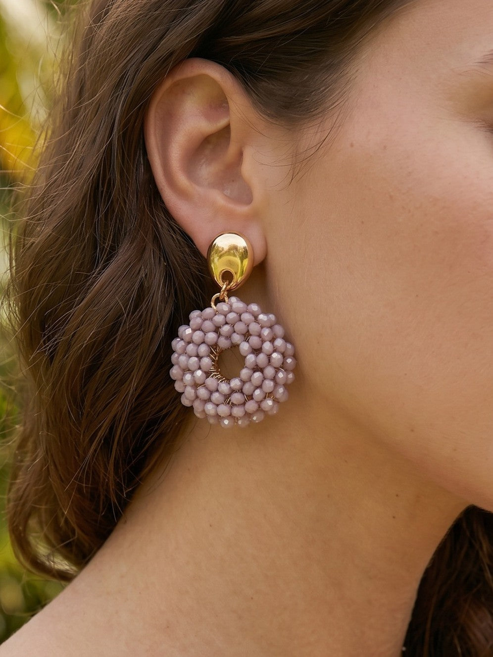 Boho Woven Glass Bead Open Circle Dangle Earrings - Purple