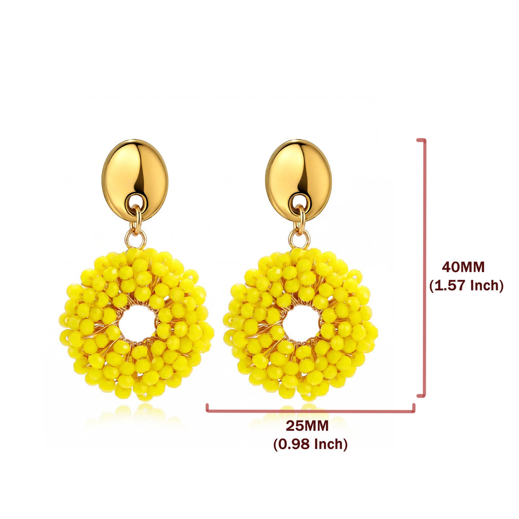 Boho Woven Glass Bead Open Circle Dangle Earrings - Yellow