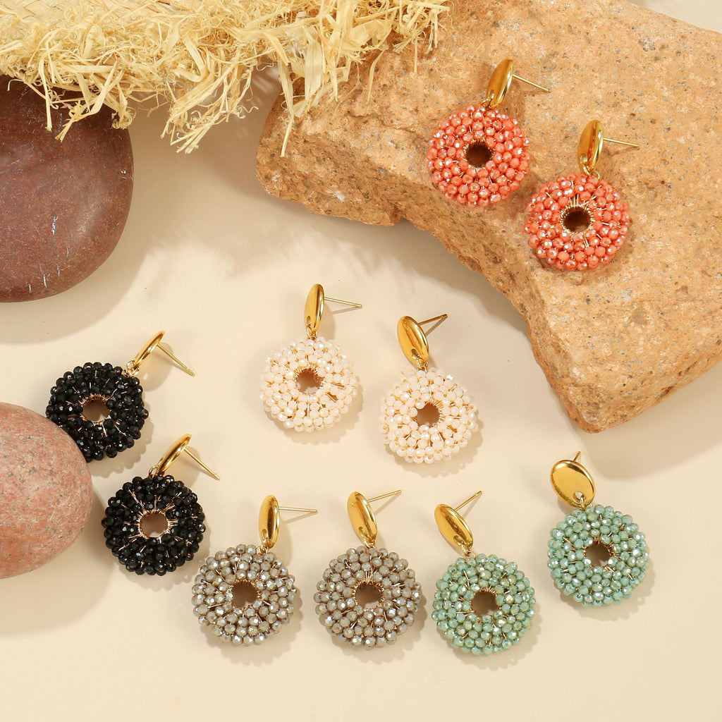 Boho Woven Glass Bead Open Circle Dangle Earrings