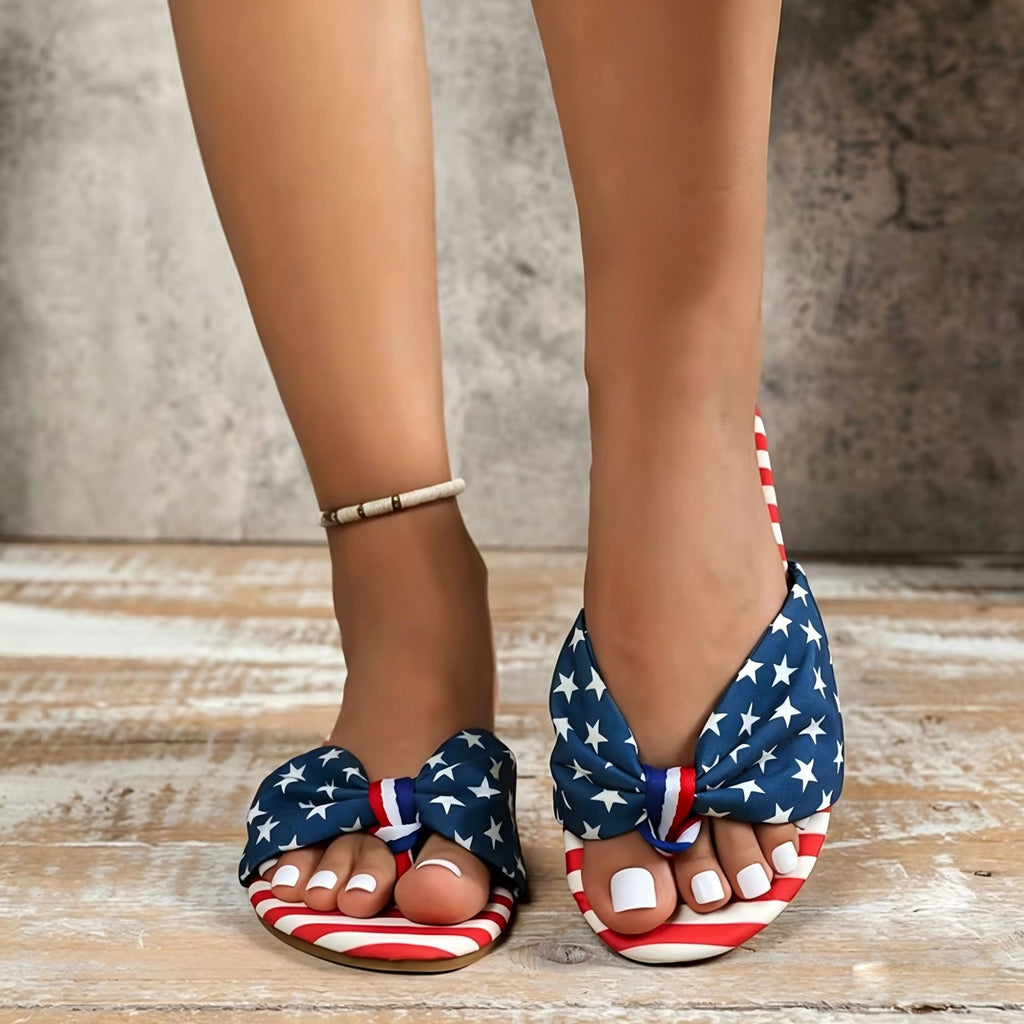 Stars and Stripes Bow Flat Sandals - Blue - 1