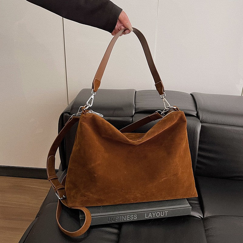 Oversized Faux Suede Slouch Shoulder Bag - Cognac
