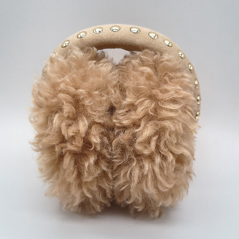 Curly Plush Earmuffs With Studded Band - Camel
