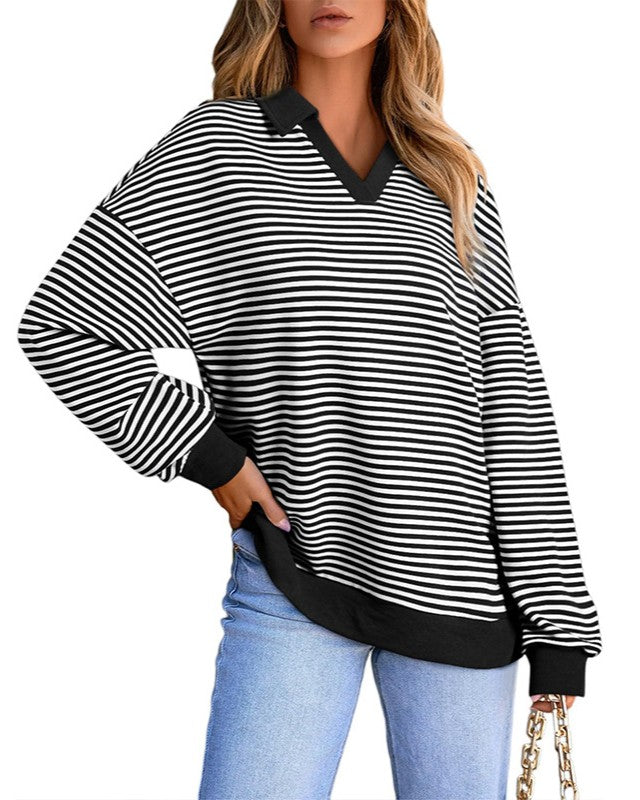 Striped Collared V Neck Oversized Top - Black