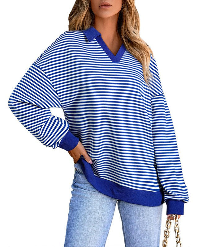 Striped Collared V Neck Oversized Top - Blue