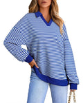 Striped Collared V Neck Oversized Top - Blue