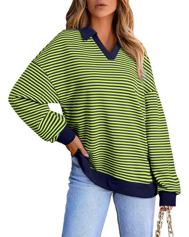 Striped Collared V Neck Oversized Top - Blue-Green