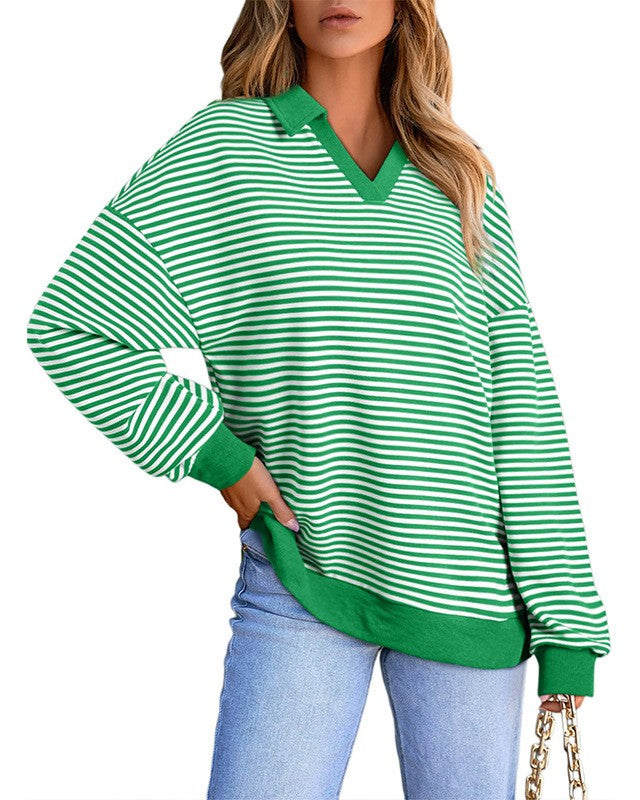 Striped Collared V Neck Oversized Top - Green