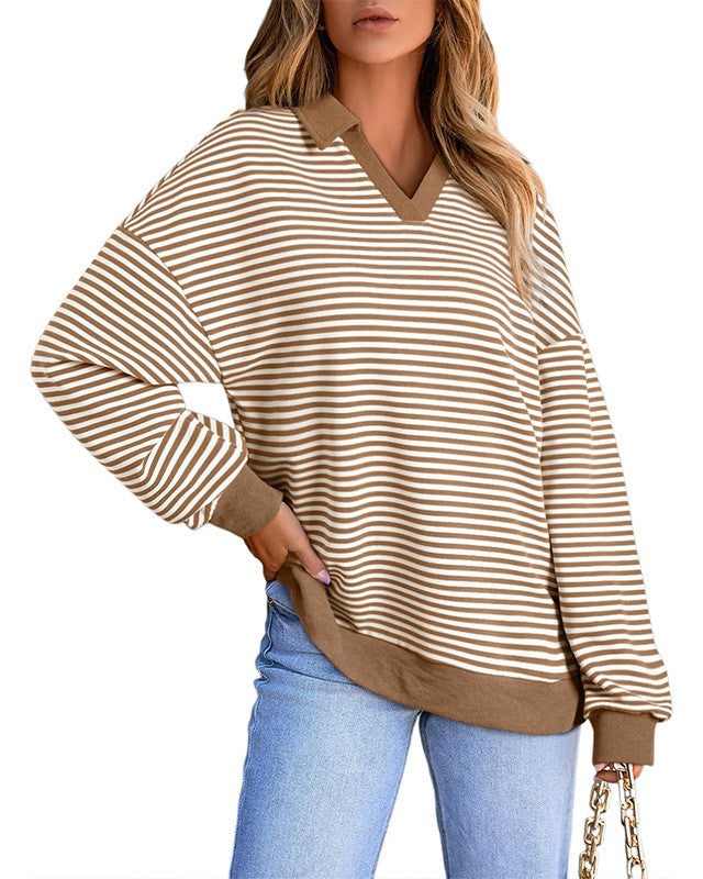 Striped Collared V Neck Oversized Top - Khaki - 1