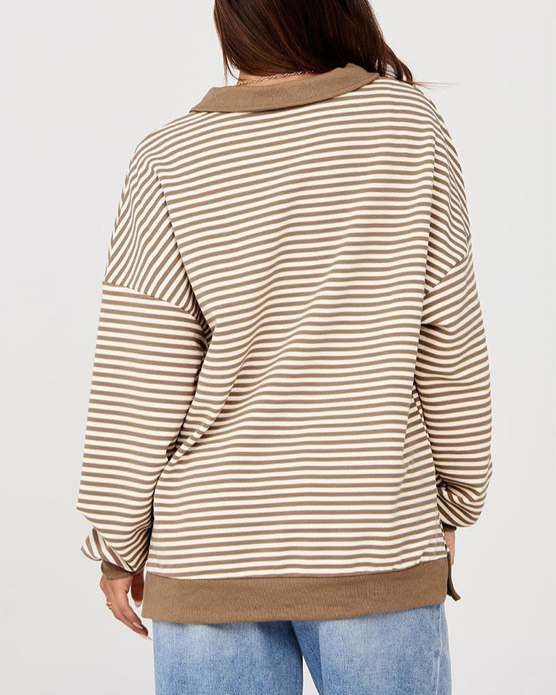 Striped Collared V Neck Oversized Top - Khaki - 2