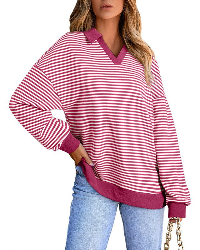 Striped Collared V Neck Oversized Top - Red
