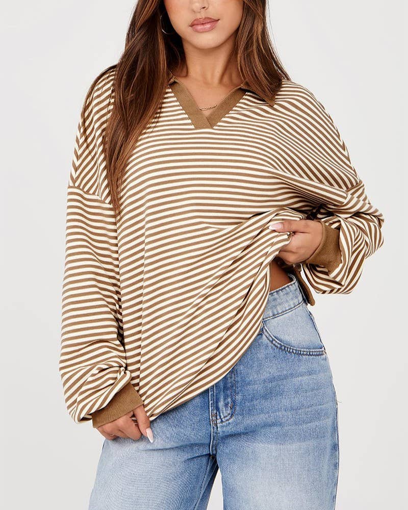 Striped Collared V Neck Oversized Top