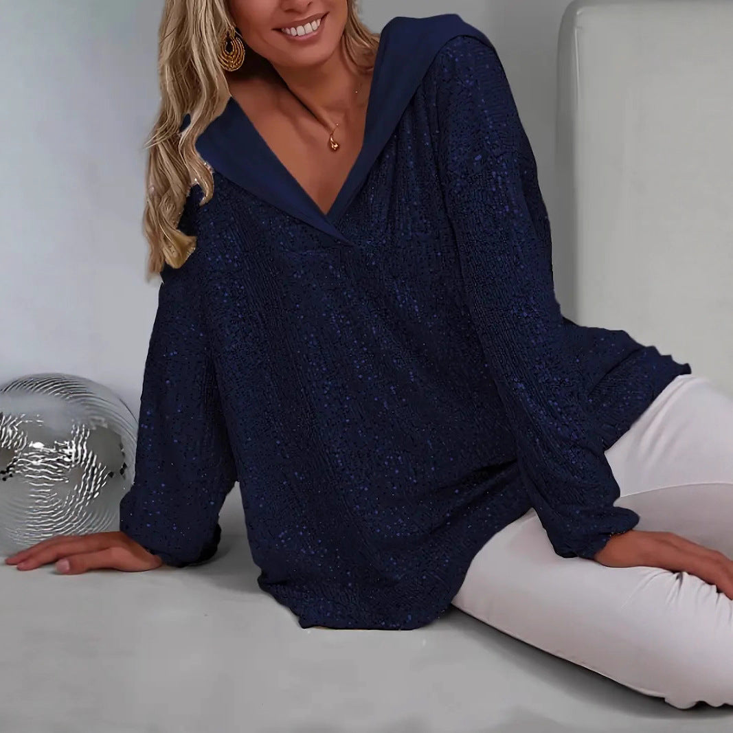 Sequin Drop Shoulder Oversized Hoodie - Blue